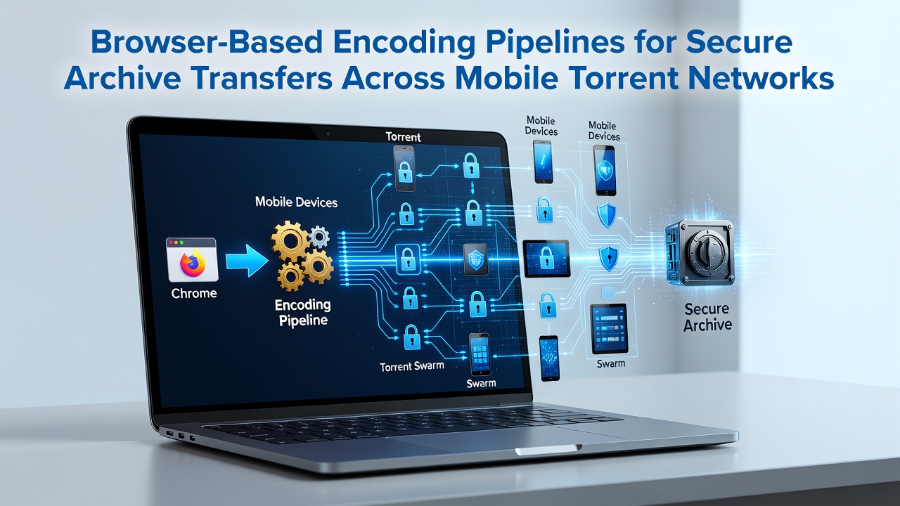 Browser interface showing encoding pipeline controls for mobile torrent archive transfers with security indicators