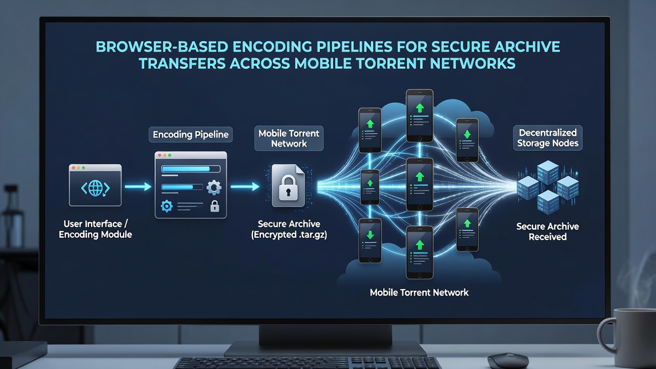 Mobile device screen displaying active torrent transfer with encoding progress and security status overlays