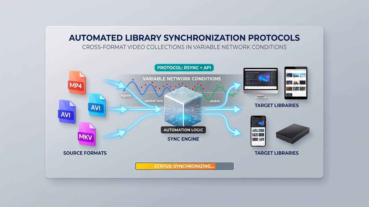 Flowchart illustrating cross-format video library synchronization steps under changing network bandwidth