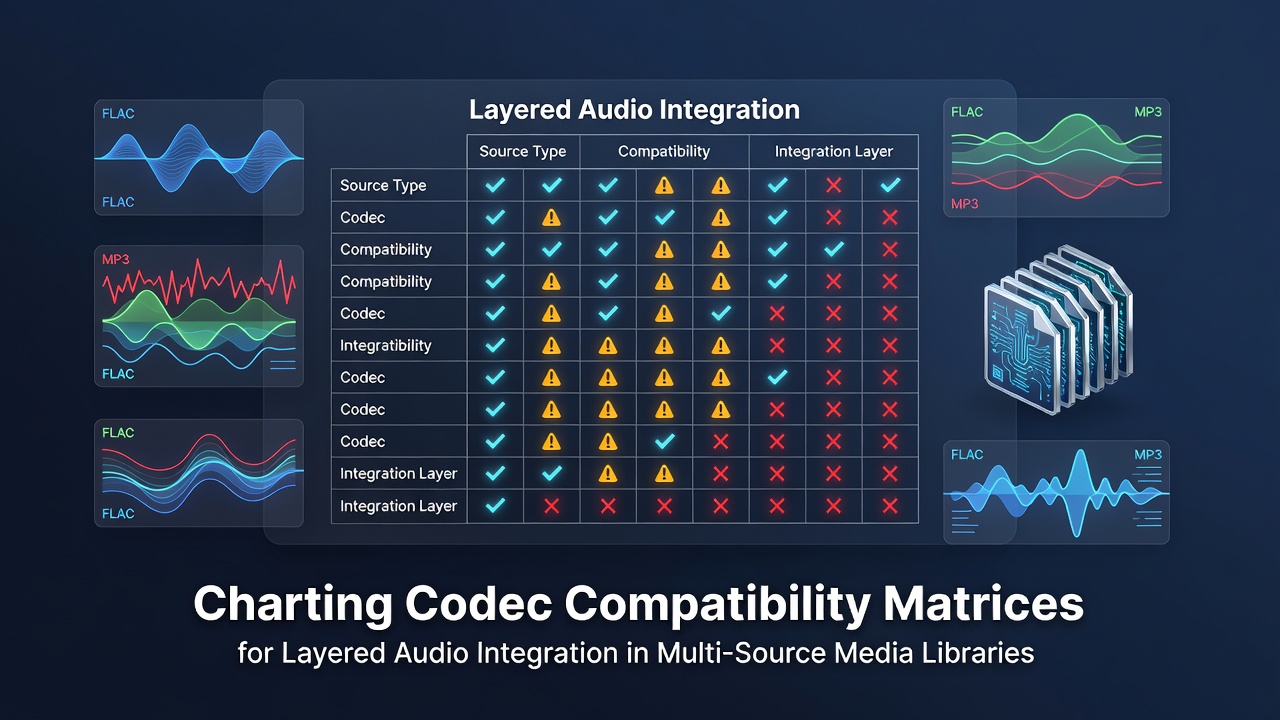 Diagram illustrating codec compatibility matrices across multiple audio layers in media library systems