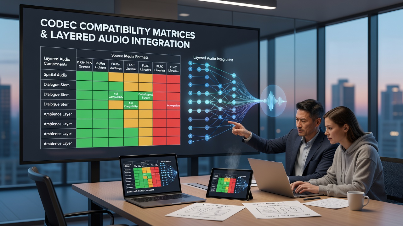 Screenshot of a compatibility matrix spreadsheet showing audio codec intersections and integration notes