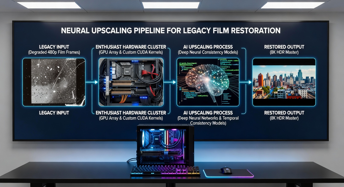 Neural network diagram showing upscaling pipeline stages for legacy film frames processed across multiple GPU nodes