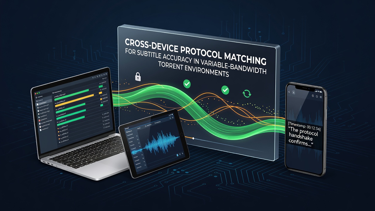 Diagram showing protocol matching across devices for subtitle synchronization in torrent networks with fluctuating bandwidth levels