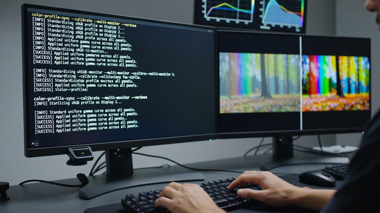Command line interface showing color profile assignment across multiple monitors