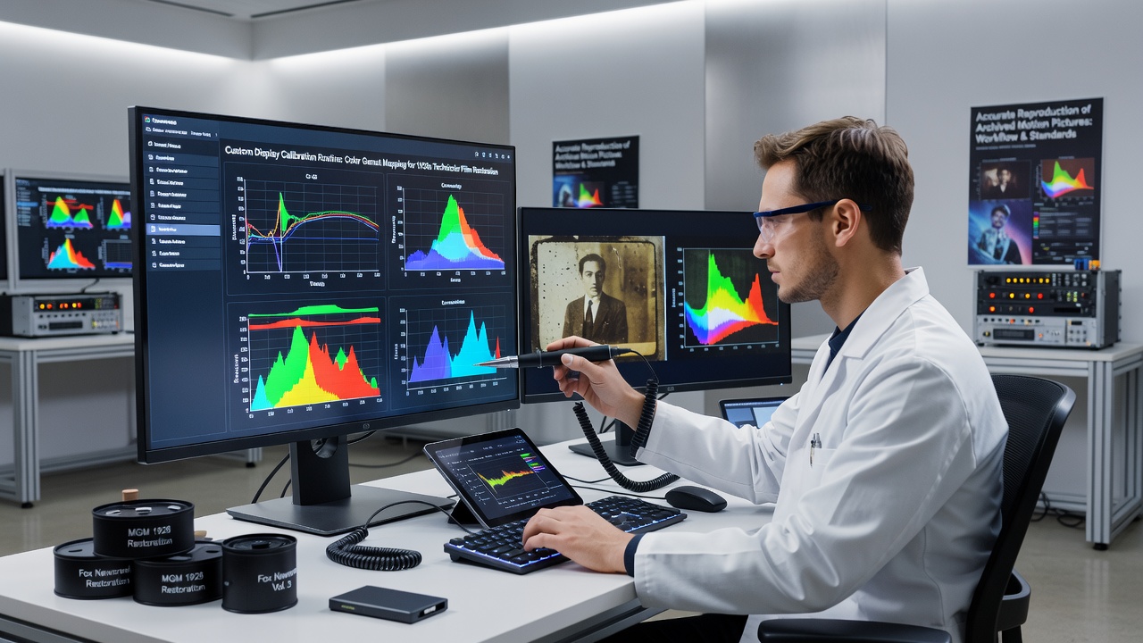 Multiple display devices showing calibrated film frames side by side for comparison