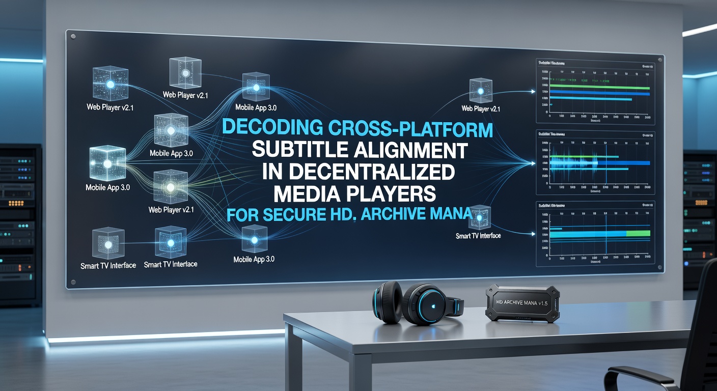Illustration of encrypted HD archive nodes with overlaid subtitle alignment workflow in a distributed player environment