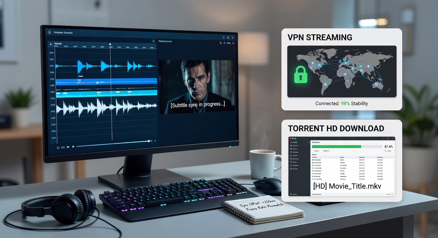 Subtitle synchronization dashboard showing timing adjustments in a VPN-protected streaming application interface