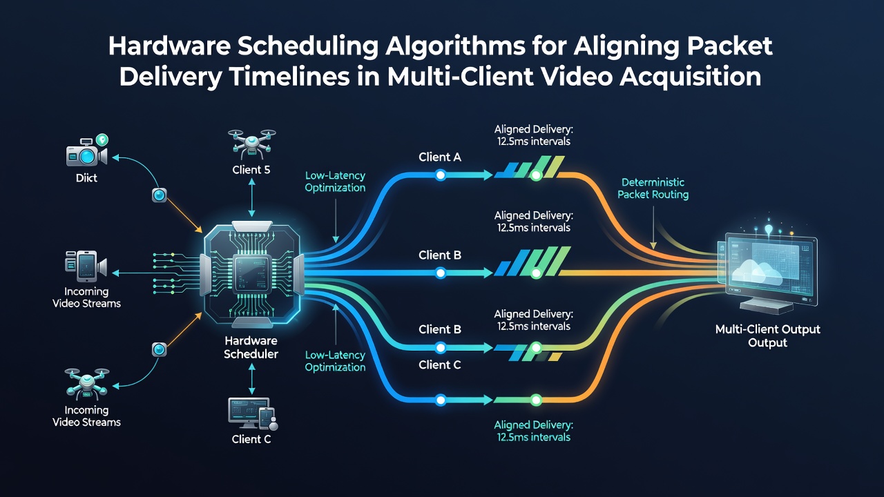 Close-up view of FPGA-based hardware scheduler board processing synchronized video packets from several acquisition sources
