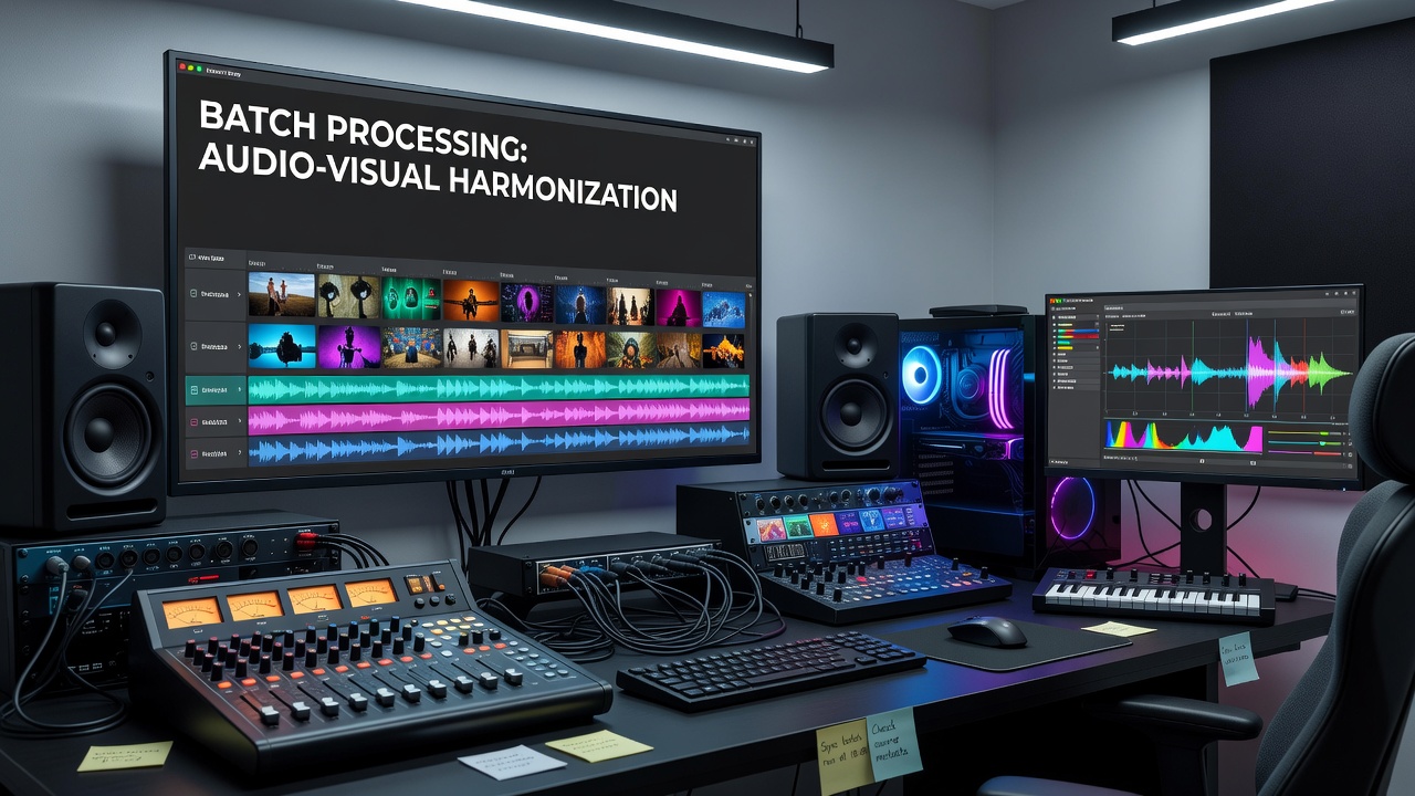 Batch processing interface showing multiple media files being analyzed for audio-visual alignment in a home media workstation