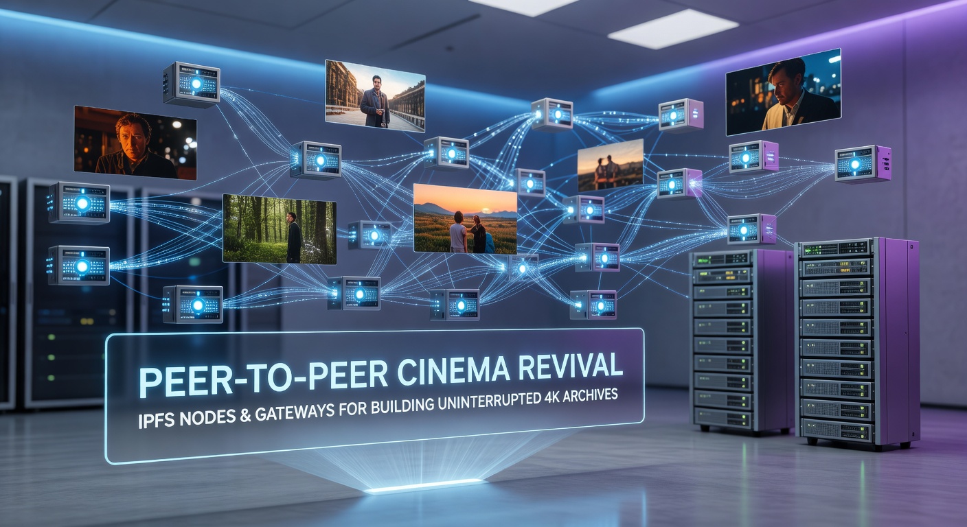 Diagram illustrating IPFS network with nodes sharing 4K video files across a decentralized peer-to-peer structure