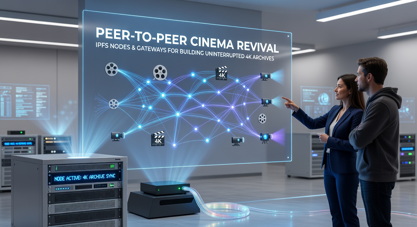 Screenshot of an IPFS gateway interface displaying a 4K film archive with node connection stats and playback controls