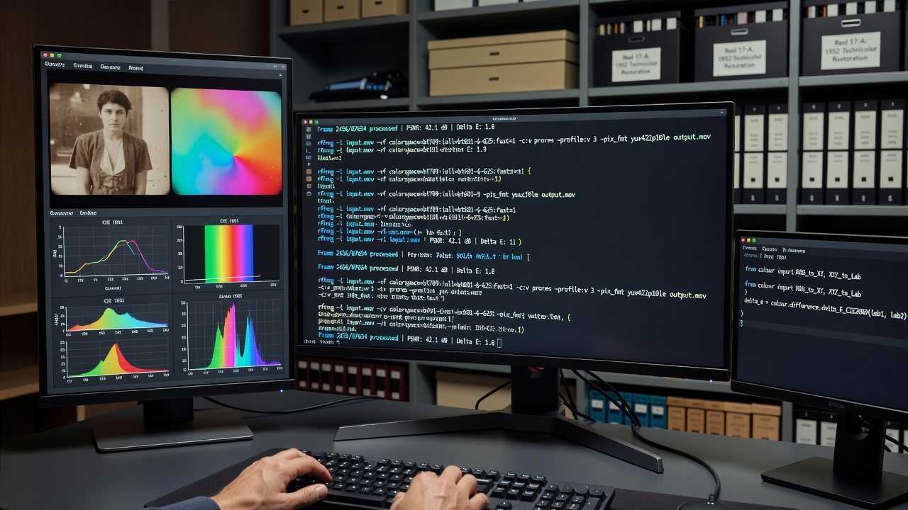 Command line interface showing color space conversion commands for film preservation on a multi-monitor workstation