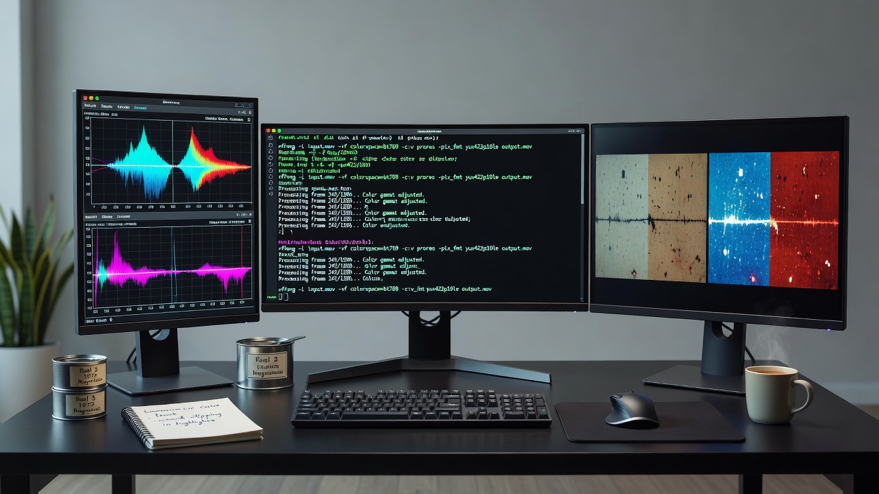 Multi-monitor workstation running color space verification scripts for archival film files