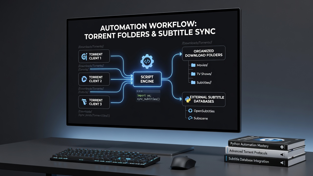 Script-based automation interface showing organized torrent download folders synced with subtitle databases across multiple clients
