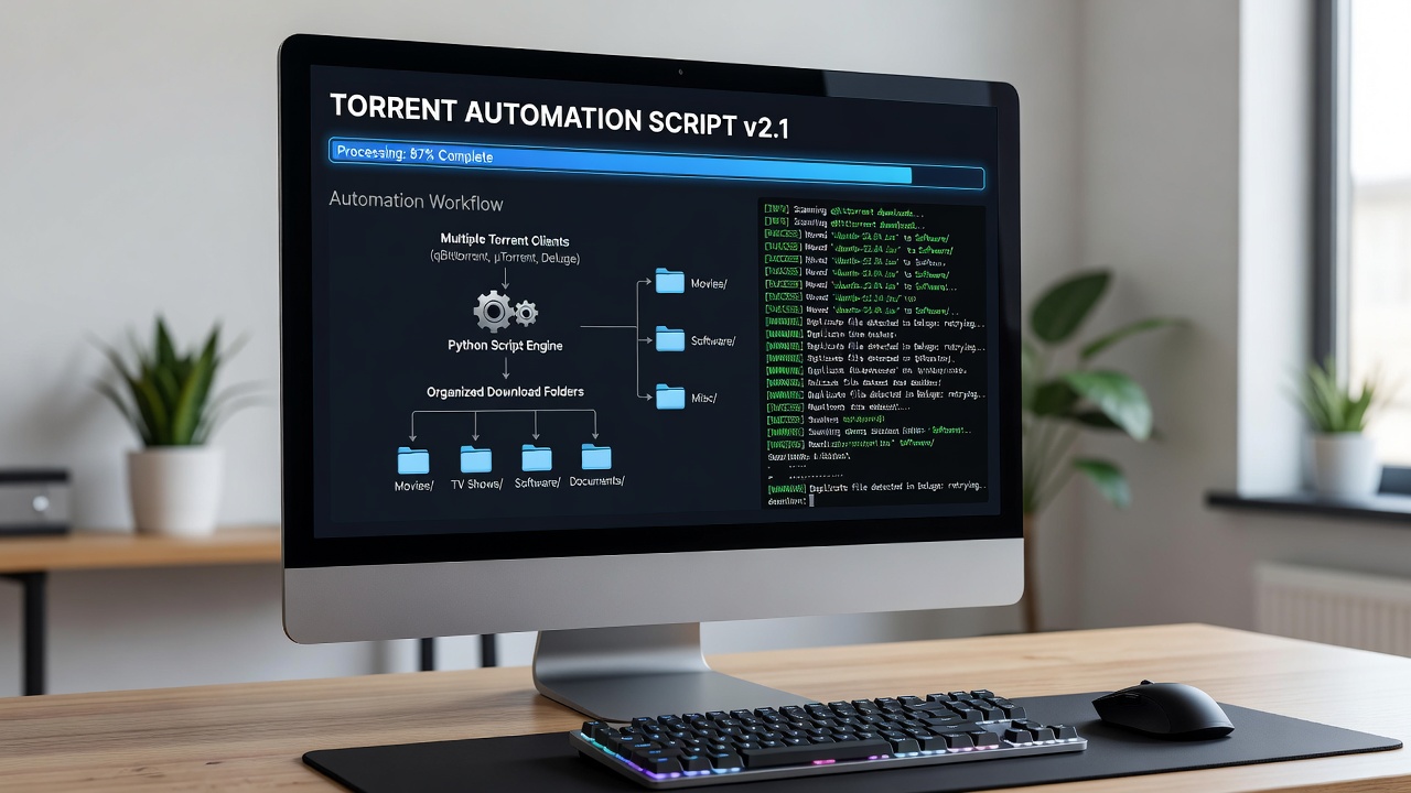 Automated workflow diagram illustrating subtitle syncing from external databases into organized torrent download structures